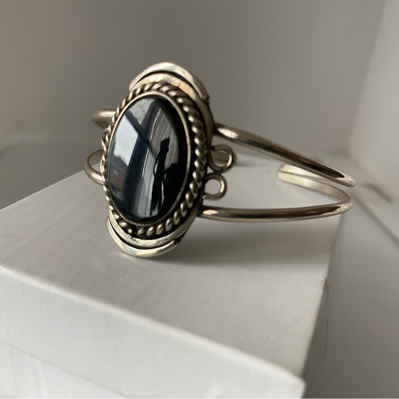 Silver Cuff Bracelet with Black Stone - Native, Unique - Picture 9 of 11